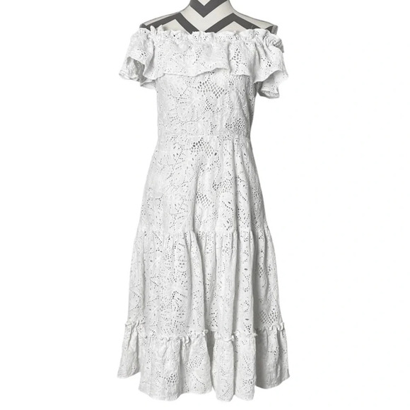 Isolda Eyelet Dress Size Small 4 Off The Shoulder Ruffled White Midi Lace Flare - Picture 1 of 15